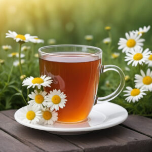 A translucent mug of hot tea on a white saucer with some chamomile flowers sitting on a brown wooden surface, with more chamomile growing in the background