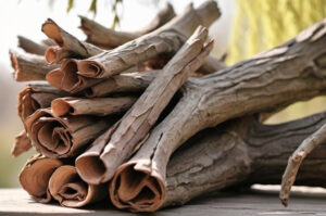 Curled pieces of dried willow tree bark laid in a pile